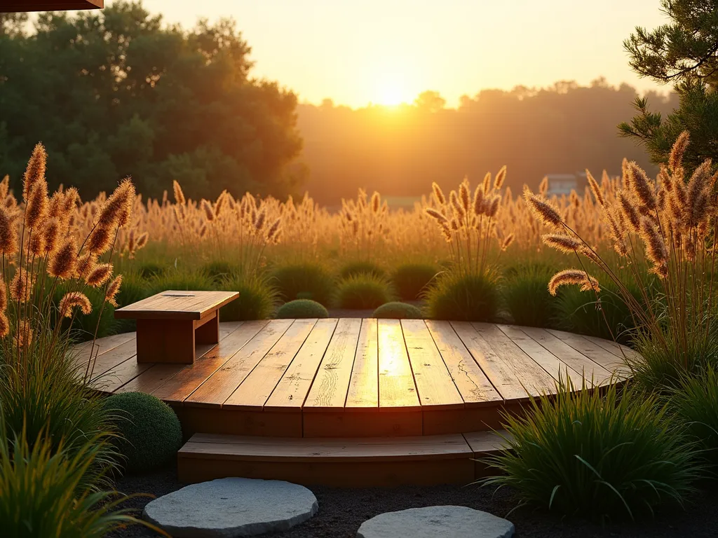 Tranquil Dawn Prayer Platform - A serene elevated wooden platform at sunrise, photographed with a wide-angle lens capturing golden morning light filtering through swaying Miscanthus grasses. The circular 8-foot diameter deck features a minimalist teak meditation bench and small bamboo side table, positioned to face the eastern horizon. Japanese forest grass and Mexican feather grass create a soft, flowing border around the platform's edge. Morning dew glistens on the ornamental grasses while the first rays of sunlight cast long shadows across the weathered wood. Shot at f/8 with natural lighting highlighting the peaceful atmosphere of this sacred garden space. Zen-inspired design elements include smooth river stones lining the stepping stone path leading to the platform.