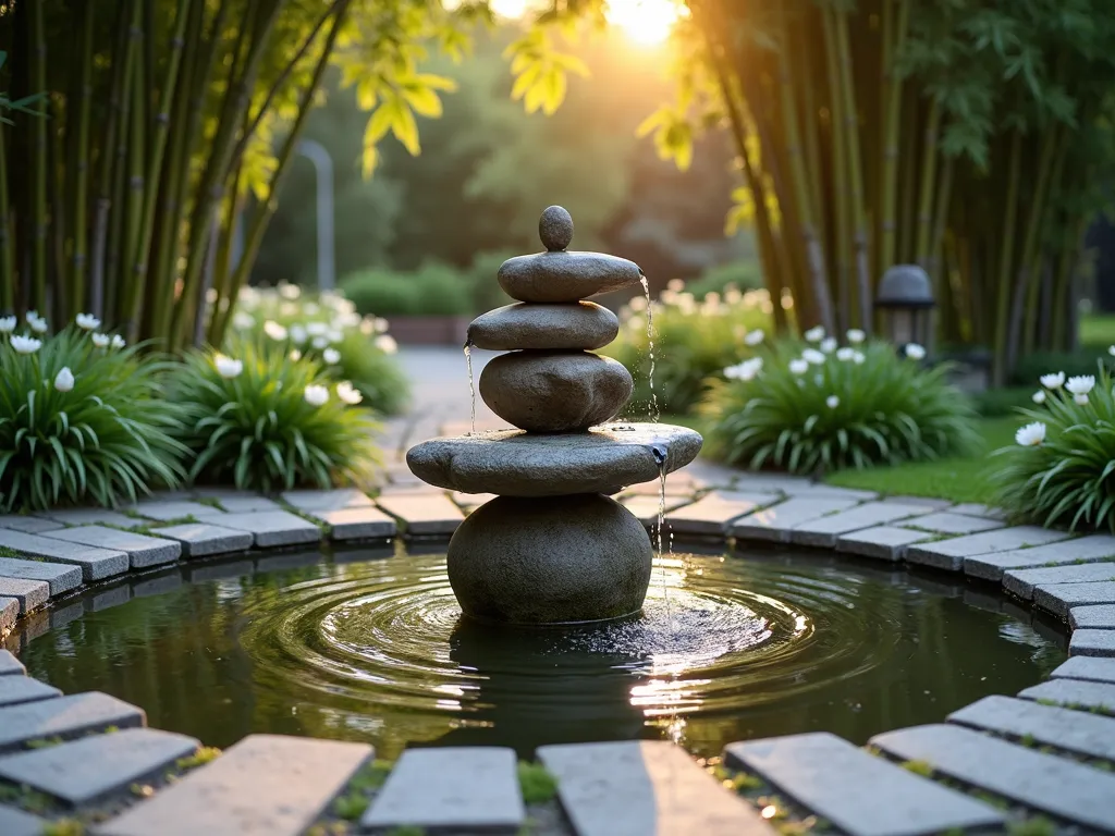 Tiered Prayer Garden Fountain at Dusk - A serene three-tiered stone fountain nestled within a lush prayer garden, photographed during golden hour. The fountain features smooth river rocks and creates gentle cascading waterfalls, centered in a circular reflecting pool surrounded by natural stone pavers. Japanese forest grass and white flowering peace lilies frame the water feature, while tall bamboo provides a peaceful backdrop. Soft outdoor lighting illuminates the water's surface, creating magical reflections and shadows. The scene is captured with a wide-angle perspective showing the entire contemplative space, with careful attention to the water's movement and the interplay of light on its surface. Shot with shallow depth of field to create a dreamy atmosphere.