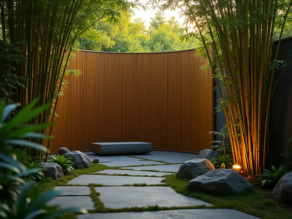 Tranquil Bamboo Prayer Screen at Dusk - A serene garden scene at dusk featuring tall, graceful bamboo plants creating a natural privacy screen around an intimate prayer space. The bamboo forms a gentle curved wall, standing 12 feet tall, with golden evening light filtering through the leaves. A simple stone bench sits within the sheltered area, surrounded by smooth river rocks and moss patches. The bamboo leaves cast delicate shadows on the ground, while subtle landscape lighting illuminates the base of the bamboo stems. Shot with a wide-angle perspective to capture the full height and curve of the bamboo screen, with the warm glow of sunset creating a magical atmosphere. Shallow depth of field emphasizes the textural details of the bamboo leaves in the foreground. Professional photographic quality, soft natural lighting, 16-35mm lens, f/2.8, ISO 400.