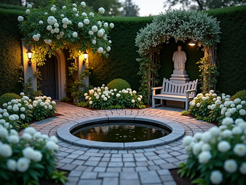 Tranquil Memory Garden at Dusk - A serene memory garden at dusk, photographed with a wide-angle lens capturing a peaceful curved pathway lined with white flowering roses and evergreen boxwoods. A rustic stone bench sits beneath a flowering dogwood tree, facing an ornate memorial stone. Soft garden lights illuminate white hydrangeas and lilies while creating gentle shadows. In the foreground, a small meditation pond reflects the warm evening light, surrounded by white candytuft flowers. Natural stone pavers create an intimate circular space, with climbing white clematis on a weathered wooden archway. The scene is captured with shallow depth of field, creating a dreamy, contemplative atmosphere perfect for remembrance and reflection.