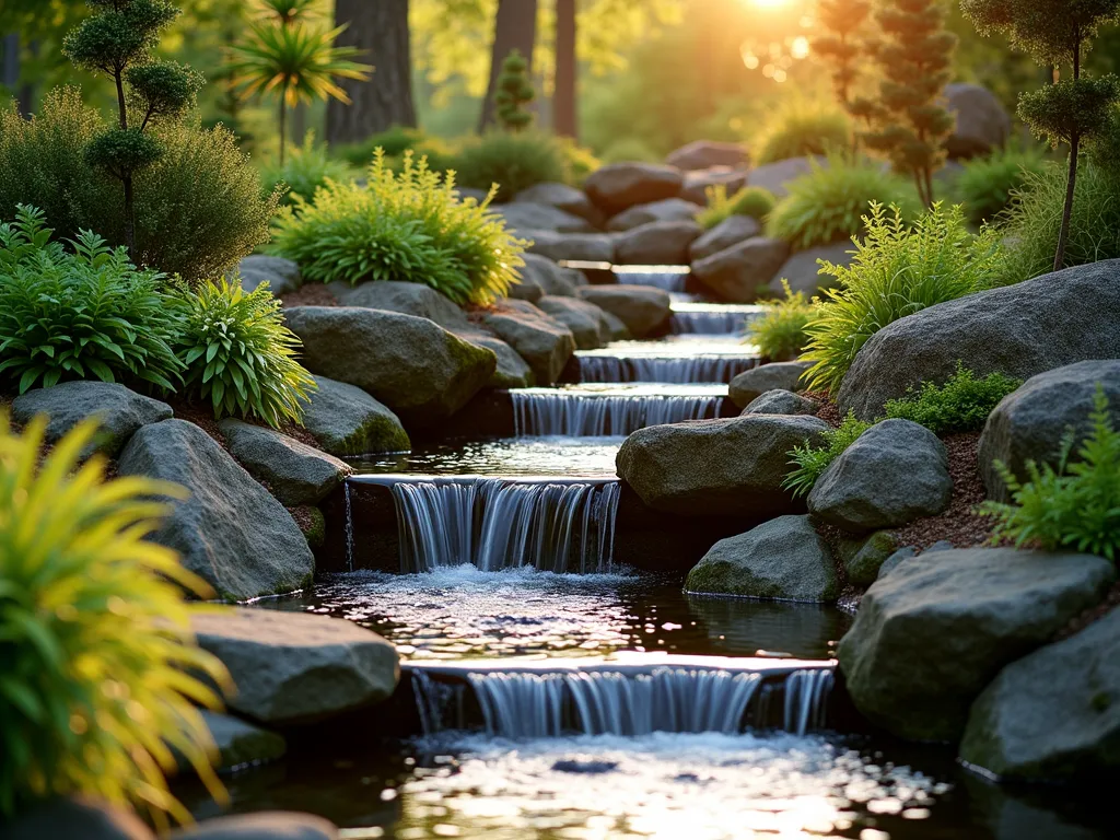 Tranquil Mountain Stream Prayer Garden - A serene backyard prayer garden at golden hour featuring a naturalistic cascading water feature that mimics a mountain stream. Crystal-clear water flows down multiple rocky tiers surrounded by moss-covered boulders and native ferns. The stream is lined with river rocks and natural stone steps, creating gentle waterfalls. Japanese Forest Grass and Blue Star Creeper soften the edges while Mountain Laurel provides dappled shade. Shot with a wide-angle perspective showing the stream's meandering path through a peaceful garden setting, with warm sunlight filtering through the foliage creating magical light patterns on the flowing water. The composition captures both the intimate details of the flowing stream and the broader spiritual atmosphere of the space. Professional photography with a 16-35mm lens at f/2.8, ISO 400, during sunset.