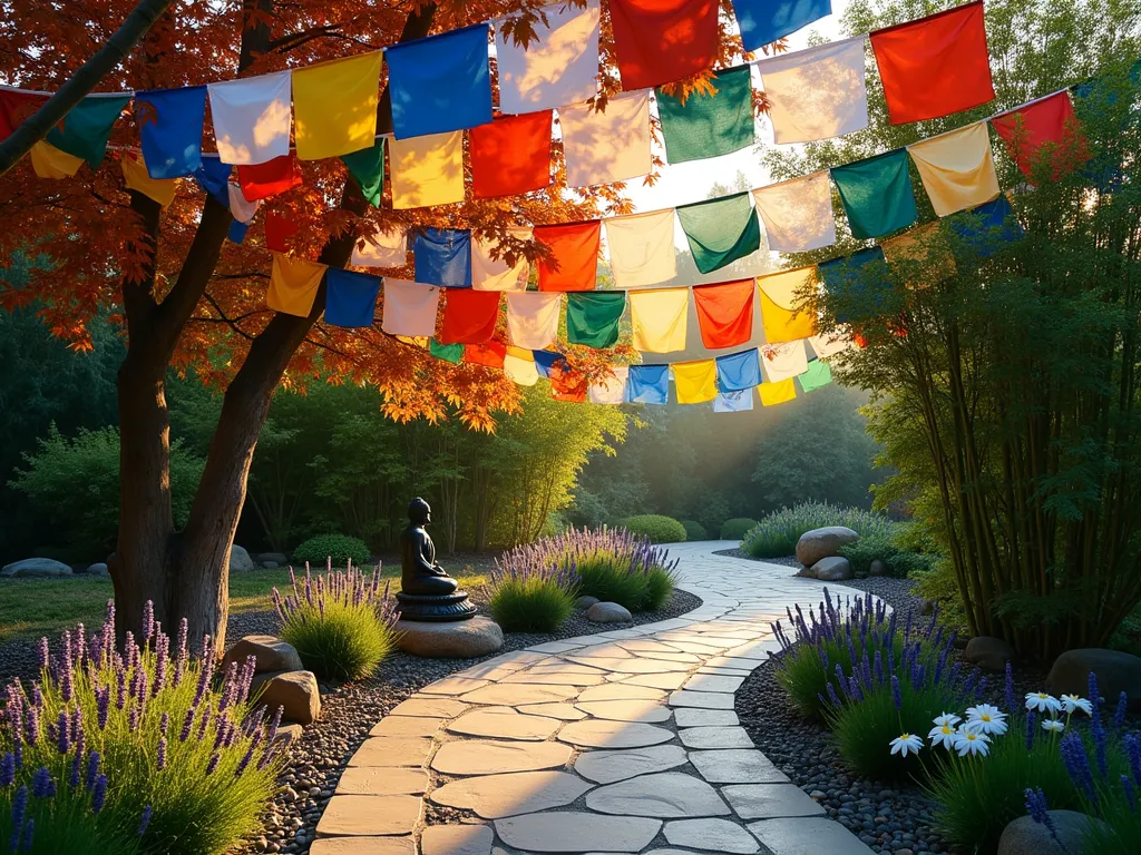 Tranquil Prayer Flag Garden Path - A serene garden pathway at golden hour, captured with a wide-angle lens showing a winding stone path through a zen-inspired garden. Vibrant Tibetan prayer flags in traditional colors of blue, white, red, green, and yellow flutter gently between mature Japanese maple trees. The flags create a colorful canopy over the path, casting dancing shadows on the smooth river rocks below. Oriental bamboo lines the edges of the path, while clusters of purple lavender and white peace lilies add tranquil touches to the ground level. A small Buddha statue sits peacefully at the path's curve, partially visible through the natural frame created by the swaying flags. The warm evening light filters through the flags, creating a magical interplay of colors and shadows. The composition captures both the spiritual ambiance and the natural movement of the elements.