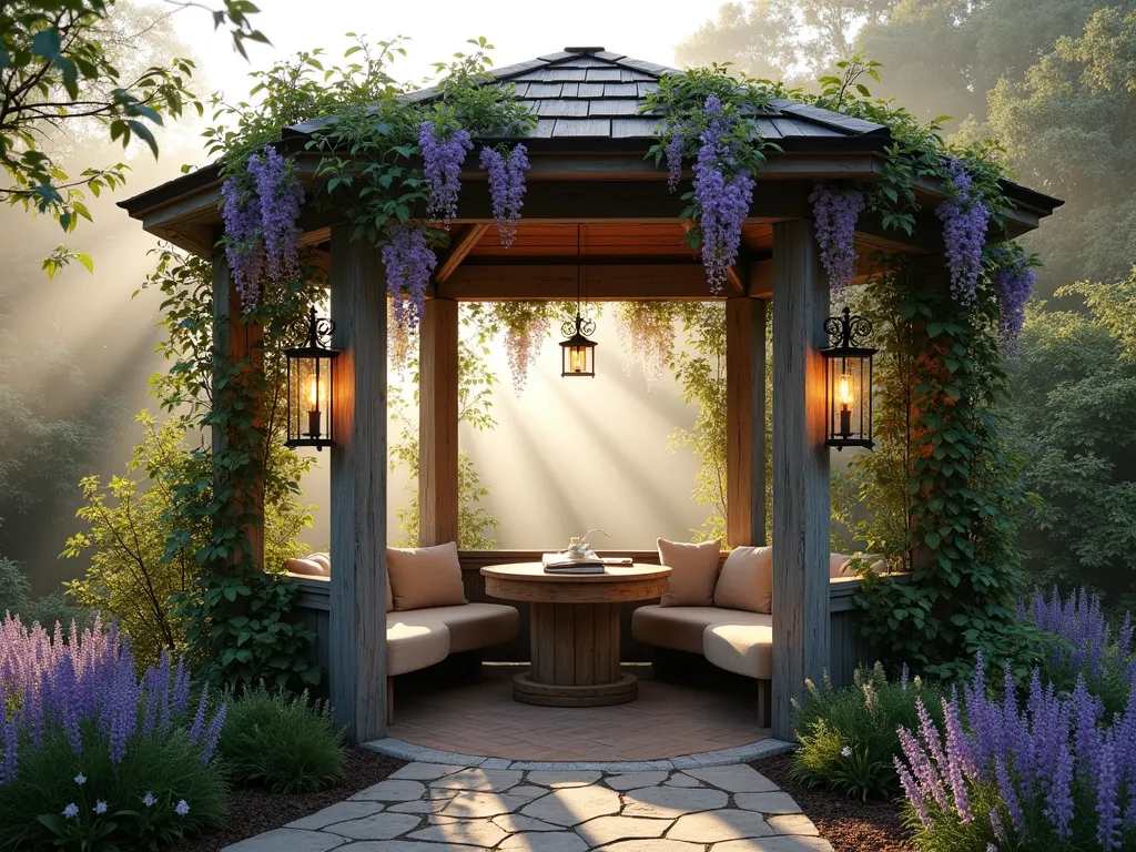 Tranquil Prayer Journal Pavilion at Dawn - Serene garden pavilion at dawn, featuring a rustic wooden writing desk beneath a copper-roofed hexagonal structure. Delicate morning mist surrounds the intimate space, while purple wisteria cascades from the pavilion's beams. The structure is nestled within a lush garden setting, with climbing jasmine and climbing roses adorning the pavilion's posts. Natural stone pavers lead to the entrance, flanked by lavender beds. Soft morning light filters through the vines, creating dappled shadows on the weathered wooden desk where an open journal rests. Crystal-clear lanterns hang from the corners, and comfortable cushioned seating provides a peaceful spot for reflection. Wide-angle view captures the pavilion's integration with the surrounding garden landscape.