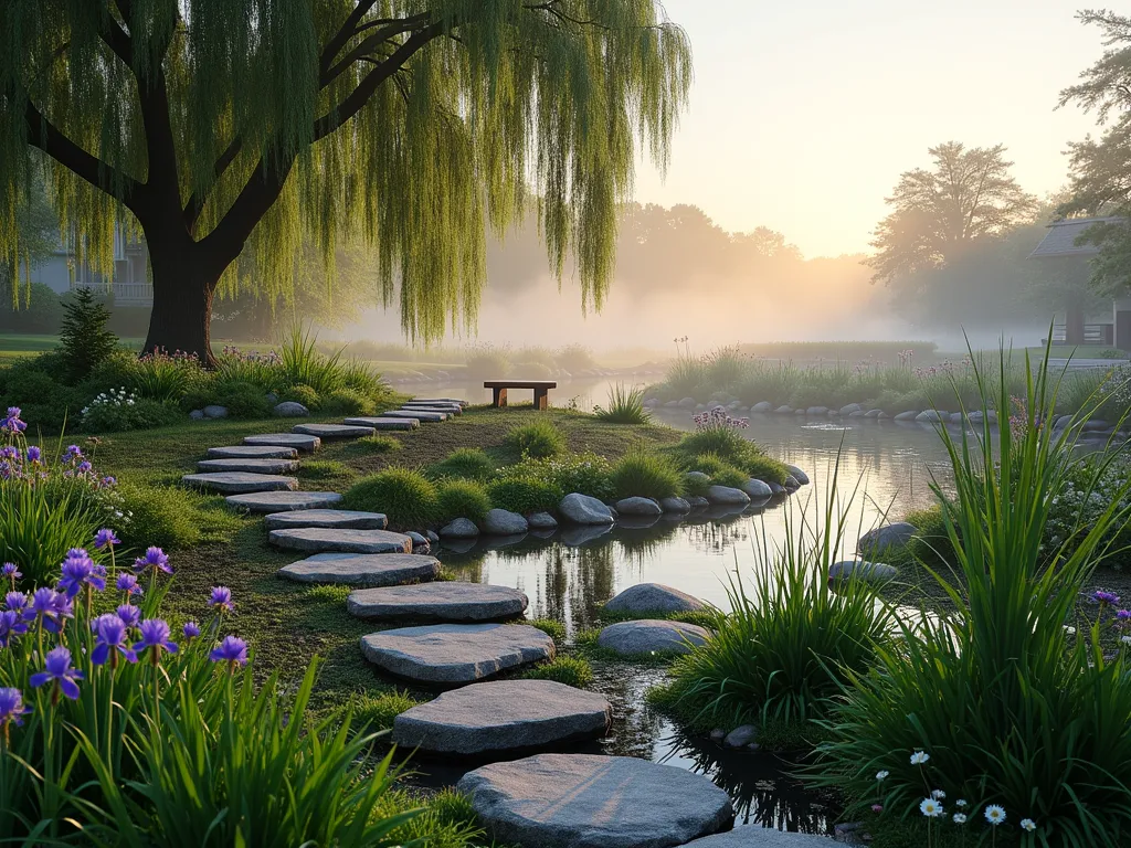 Tranquil Rain Garden Sanctuary - A serene rain garden sanctuary at dawn, captured in wide angle, showing a gently sloping landscape with concentric circles of water-loving plants. Morning mist hovers over the garden, where stepping stones wind through beds of native iris, sedges, and rushes. A small meditation bench sits beneath a weeping willow, its branches creating a natural canopy. The garden features multiple tiers of rain-catching basins lined with river rocks, creating peaceful water features during rainfall. Purple coneflowers, Joe Pye weed, and black-eyed susans add pops of color while swamp milkweed attracts butterflies. Natural stone retaining walls define the space, with water channels elegantly directing rainfall through the garden. Soft dawn light filters through the misty atmosphere, creating an ethereal ambiance. In the background, rain chains guide water from the house's gutters into the first collection basin. The garden's design is both functional and spiritual, with a circular flow that symbolizes life's continuous journey.