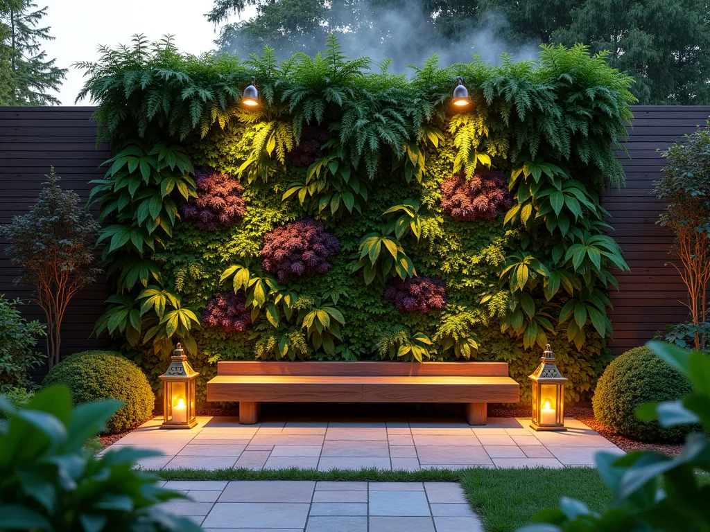 Tranquil Living Wall Prayer Sanctuary - A serene outdoor prayer space at dusk featuring a stunning 8-foot living wall with cascading ferns, purple heuchera, and golden pothos creating a lush vertical garden. A simple wooden meditation bench sits before the wall, with soft uplighting illuminating the foliage. Natural stone pavers lead to the space, while brass lanterns cast a warm glow. The intimate scene is photographed from a 45-degree angle, capturing both the height of the living wall and the peaceful seating area, shot with shallow depth of field to create a dreamy atmosphere. Delicate mist rises from hidden misters, adding to the ethereal quality.