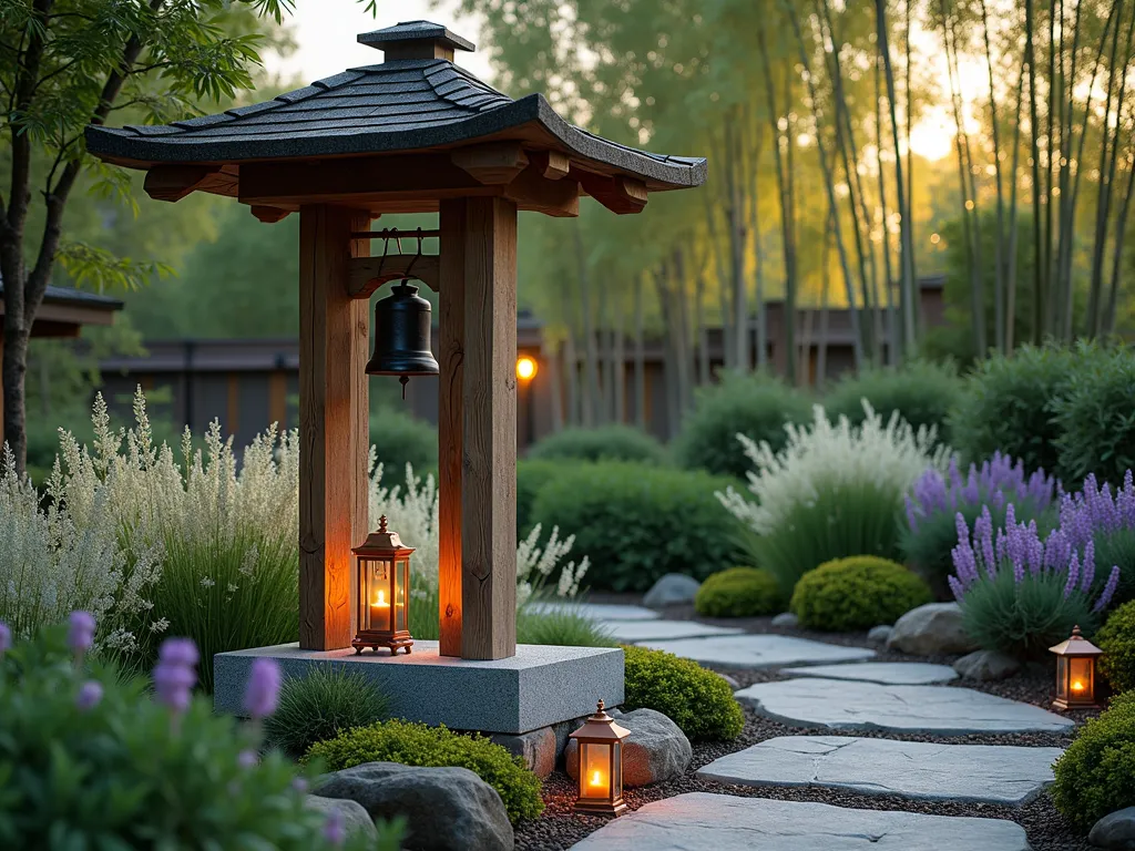 Zen Prayer Bell Tower Garden at Dusk - A serene garden scene at dusk featuring a rustic wooden bell tower structure with copper wind chimes and a traditional Japanese prayer bell, standing 7 feet tall. The tower is surrounded by a peaceful arrangement of tall ornamental grasses, lavender, and white flowering jasmine creating natural sound barriers. Soft evening light filters through bamboo trees in the background, casting gentle shadows. Stone pathway leads to the bell tower, with moss-covered rocks bordering the path. Small copper lanterns illuminate the base of the tower, creating a warm, mystical atmosphere. The scene is captured from a medium-wide angle, showing the tower as a focal point with the surrounding garden elements creating depth and tranquility.