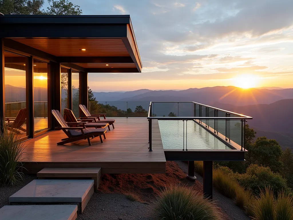 Modern Cantilevered Deck with Mountain Vista - A stunning modern cantilevered deck extending dramatically from a hillside at golden hour, shot from a wide angle perspective. The floating deck projects 15 feet outward with sleek glass railings, supported by robust weathered steel beams. Natural cedar decking creates warm contrast against the industrial supports. Native grasses and ornamental bamboo soften the architectural elements. Two modern Adirondack chairs face the sunset view, with subtle LED underlighting creating an ethereal floating effect. Mountain ranges visible in the distance with wispy clouds catching the warm evening light. Professional architectural photography style with dramatic shadows and perspective.