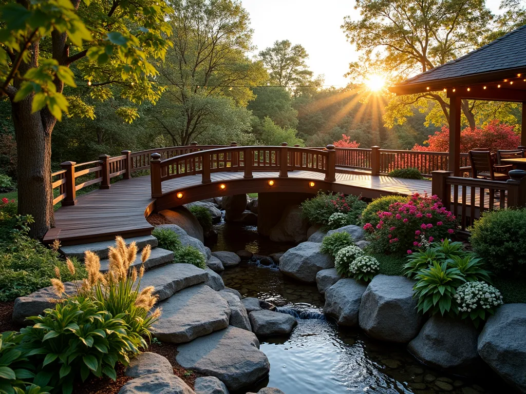 Curved Garden Bridge Connecting Multi-Level Decks - Professional DSLR wide-angle photograph of an elegant curved wooden garden bridge connecting two elevated deck areas on a sloped backyard, shot during golden hour. The bridge spans a tranquil stone-lined stream with small waterfalls. Japanese maples and ornamental grasses frame the scene, while string lights draped along the bridge railings create a magical ambiance. The bridge features Asian-inspired design elements with dark-stained wood and subtle lighting underneath. Natural stone steps leading to both deck areas, with blooming hydrangeas and ferns softening the edges. The lower deck includes a cozy seating area while the upper deck showcases a dining space, f/8, ISO 100, 1/125 sec, natural lighting enhanced by golden sunset.