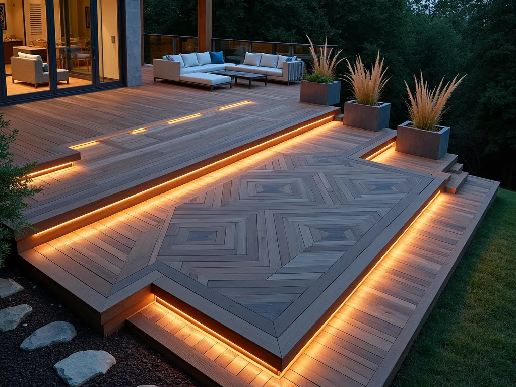 Modern Geometric Pattern Deck on Hillside - A stunning multi-level sloped deck with an intricate geometric pattern design, featuring alternating dark walnut and light oak composite decking boards creating a mesmerizing diamond and hexagon pattern. The modern deck extends up a gentle hillside at dusk, with integrated LED strip lighting highlighting the geometric patterns. Wide stairs with glass railings connect different deck levels, while strategic spotlighting casts dramatic shadows of the geometric patterns. Minimal modern outdoor furniture in grey and white complements the design, with several modern planters containing ornamental grasses placed strategically along the edges. Shot from a high angle to showcase the full geometric pattern layout across multiple tiers.