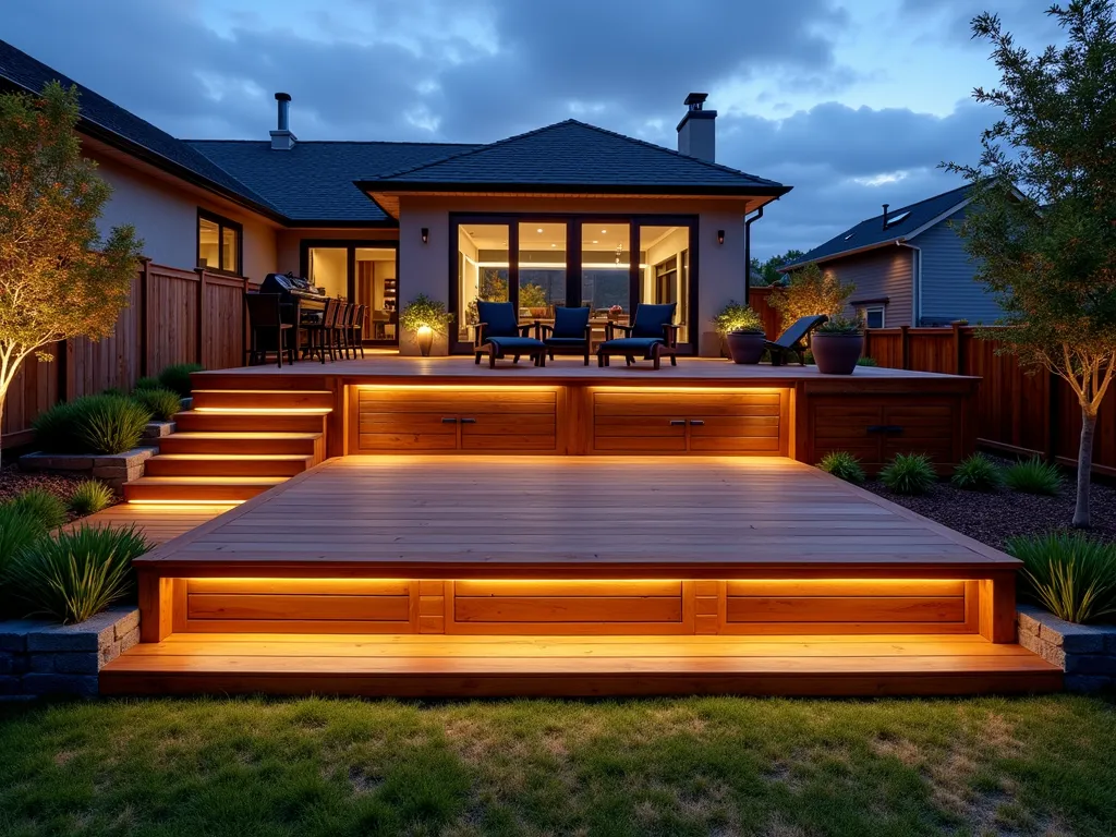 Multi-Level Deck with Hidden Storage Solutions - A stunning dusk photograph of a multi-level wooden deck built into a sloping backyard, captured with a wide-angle lens. The deck features seamlessly integrated storage access panels in rich cedar wood. Soft landscape lighting illuminates the deck's various levels, creating a warm ambiance. One storage panel is partially open, revealing a well-organized storage space beneath. Modern outdoor furniture adorns the upper deck level, while ornamental grasses and Japanese maple trees soften the edges. LED strip lighting under each deck level creates a floating effect. Shot at f/2.8 with natural twilight and ambient lighting, emphasizing the architectural details and practical storage solutions.