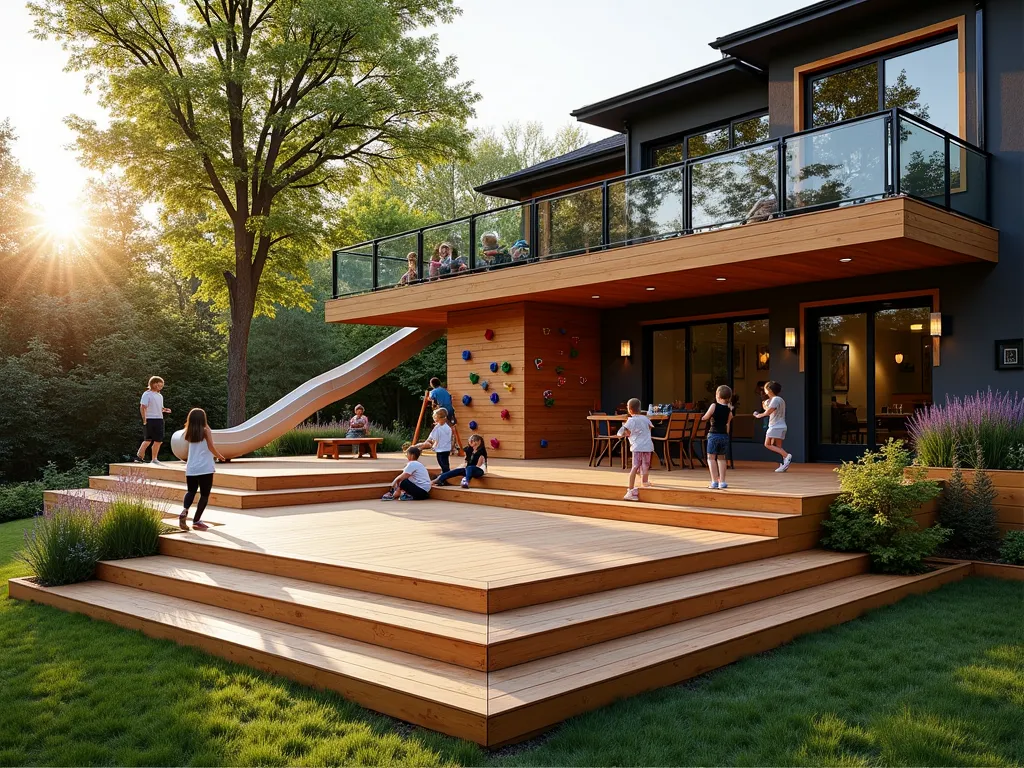 Multi-Level Play Deck on Hillside - A stunning multi-level wooden deck built into a sloping backyard, photographed during golden hour. The deck features an integrated children's play area with a built-in climbing wall with colorful holds, a curved slide connecting the upper and lower levels, and safety railings with clear plexiglass panels. Natural cedar decking with modern black metal railings creates a contemporary aesthetic. The play area is partially shaded by mature Japanese maple trees, with built-in bench seating for parents. Decorative planters with ornamental grasses and lavender line the edges. Shot with a wide-angle lens to capture the full scope of the tiered design, with soft evening light casting warm shadows across the deck surfaces. The composition shows children safely playing while highlighting the architectural integration of play elements into the sophisticated deck design.