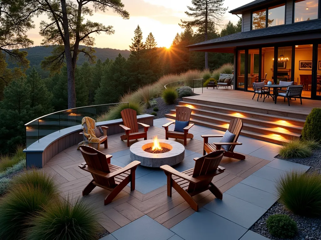 Multi-Level Deck with Fire Pit at Sunset - A professional DSLR wide-angle shot of a modern multi-level deck built into a hillside at golden hour. The focal point is a circular stone fire pit surrounded by contemporary Adirondack chairs in weathered teak. Ambient lighting from the flames creates warm shadows across the composite decking. Built-in LED deck lights illuminate the steps between levels. Native ornamental grasses and evergreen shrubs soften the deck's edges. Glass railings maintain unobstructed views of the sloping garden below. Cozy throw blankets and outdoor pillows add comfort to the seating area. The scene is captured with natural sunset lighting casting long shadows, with smoke from the fire pit creating atmosphere. Japanese Forest Grass and Blue Fescue provide movement and texture around the deck's perimeter.