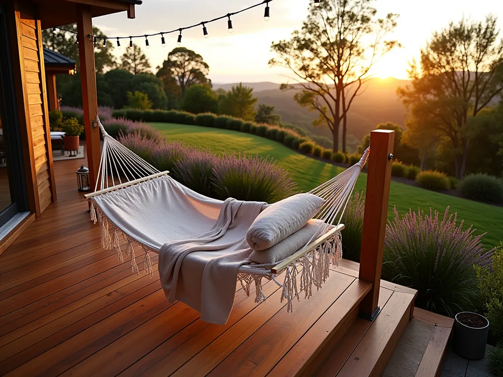 Tranquil Hillside Hammock Deck - A stunning tiered deck built into a sloping hillside garden, featuring a cozy hammock nook at sunset. The focal point is a pristine white rope hammock suspended between two natural cedar posts, positioned to overlook the garden below. The deck, crafted from rich ipe wood, includes built-in benches and subtle LED lighting along the steps. Surrounding the hammock area are flowing ornamental grasses, lavender bushes, and potted bamboo for privacy. String lights draped overhead create a magical ambiance as the golden hour sun casts long shadows across the deck. A plush outdoor cushion and throw blanket in neutral tones rest on the hammock, while copper lanterns provide additional mood lighting. Shot from a slightly elevated angle to capture both the intimate hammock space and the sweeping garden views beyond. The photograph demonstrates professional depth of field, highlighting both the detailed deck craftsmanship and the serene landscape.