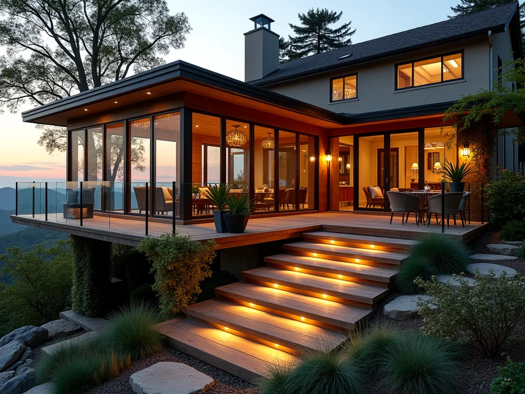 Hillside Screen Room Deck at Dusk - A stunning multi-level deck built into a sloping hillside, featuring a luxurious screened-in room with floor-to-ceiling mesh panels and contemporary wooden framing. The enclosed space contains comfortable wicker furniture, ambient lighting, and potted ferns. Through the screening, a dramatic sunset casts warm golden light across the natural wood decking. Modern glass railings border the open portions of the deck, while climbing jasmine and wisteria gracefully frame the structure. Soft LED lighting illuminates the deck steps, creating a cozy, intimate atmosphere. The surrounding landscape shows terraced garden beds with ornamental grasses and Japanese maples, photographed in a wide-angle perspective that captures both the architectural detail and the natural setting, ultra-realistic, architectural photography style.