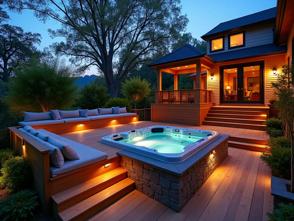 Luxurious Hillside Spa Deck Retreat - A stunning twilight photograph of a multi-level cedar deck built into a sloping hillside, featuring a sunken hot tub surrounded by natural stone privacy walls and cascading bamboo plantings. Modern glass privacy screens with soft LED uplighting provide additional seclusion. The deck includes built-in cedar storage benches with weatherproof cushions in neutral tones, and a dedicated changing cabana with slatted walls. Japanese maple trees and ornamental grasses create natural screening, while strategically placed copper path lights illuminate wooden steps. Shot from a slightly elevated angle to showcase the deck's integration into the landscape, with the warm glow of the spa water creating an inviting ambiance against the dusky sky. DSLR capture with wide-angle lens at f/8, ISO 100, 1/125 sec.