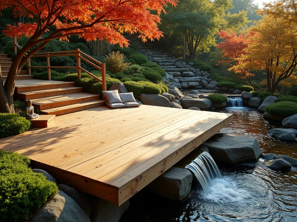 Zen Hillside Meditation Deck - A serene elevated wooden platform deck seamlessly integrated into a sloping hillside garden, captured during golden hour. The deck features minimalist bamboo railings and is surrounded by terraced rock gardens with flowing water features. Japanese maple trees cast dappled shadows on the natural-toned cedar decking, while stone steps wind through carefully placed river rocks and moss gardens. Strategic uplighting illuminates a small waterfall cascading beside the platform. The composition includes meditation cushions and a small Buddha statue, with ornamental grasses and dwarf conifers providing privacy. Photographed from a slightly elevated angle to showcase the platform's integration with the slope, with soft bokeh effects on the background foliage. The scene exudes tranquility with a perfect balance of hardscape and naturalistic elements.