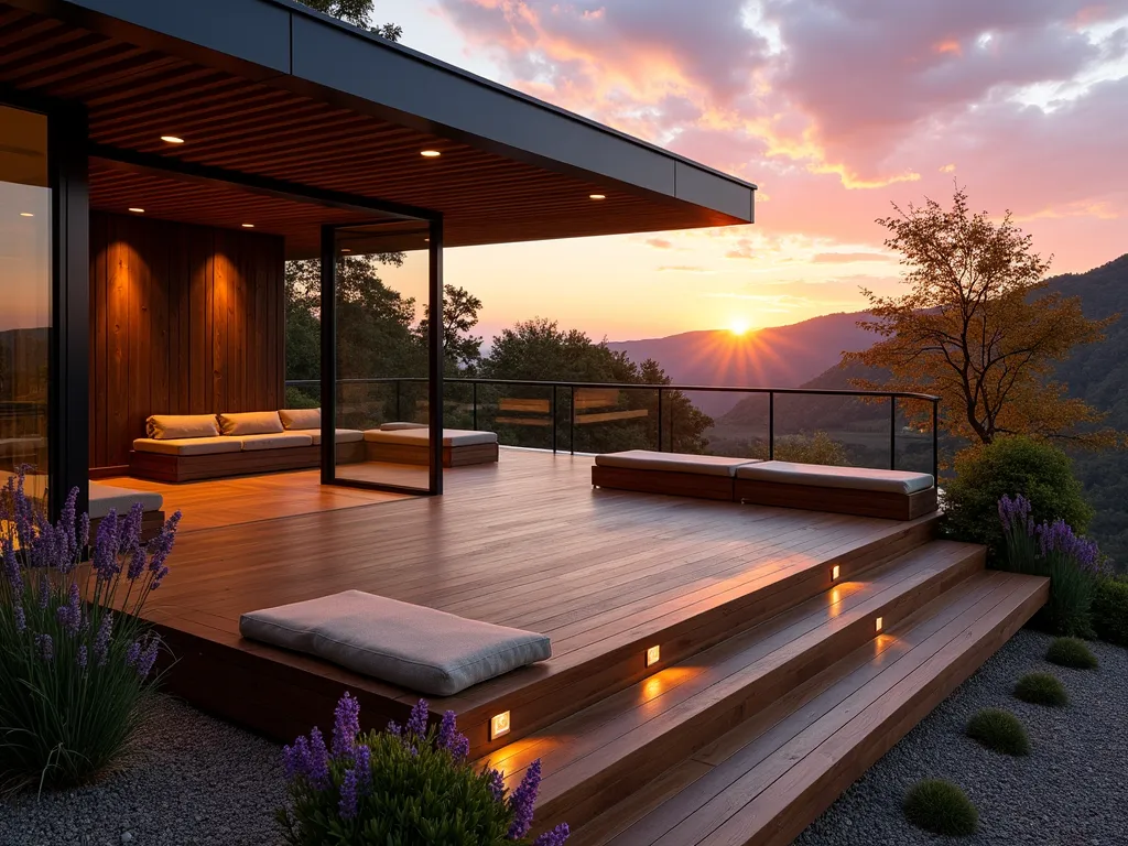 Hilltop Sunset Deck Platform - A stunning elevated wooden deck platform nestled into a sloped hillside garden, photographed during golden hour. The modern deck features curved built-in benches with plush weather-resistant cushions in warm earth tones. A contemporary slatted pergola casts dramatic shadow patterns across the deck, while strategic uplighting illuminates structural elements. Glass panel railings provide unobstructed views of the setting sun. Ornamental grasses and lavender sway in the foreground, while Japanese maples provide architectural interest. Shot from a wide angle to capture the deck's relationship with the landscape, with the sun setting in the background creating a dramatic orange and purple sky. Professional architectural photography with careful attention to composition and lighting.