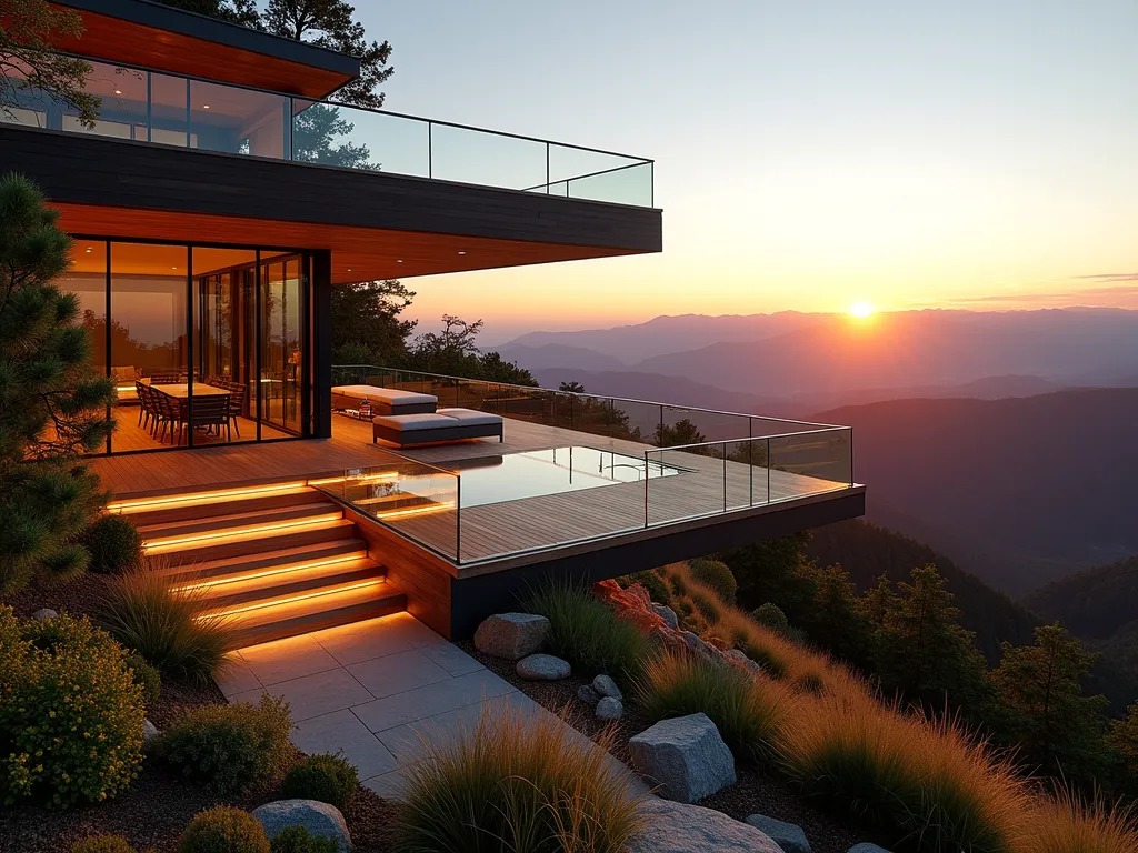 Infinity Edge Deck with Mountain Vista - A stunning modern cantilevered deck on a hillside at golden hour, photographed from a wide angle perspective. The deck appears to float seamlessly into the horizon, constructed of rich ipe wood with glass railings that maintain unobstructed views. Multiple levels cascade down the slope, creating a dramatic infinity edge effect. Integrated LED lighting illuminates the deck's edges. Native ornamental grasses and Japanese maples soften the transition between deck and landscape. A contemporary outdoor lounge setting with sleek furniture frames the foreground, while distant mountains and a setting sun create a breathtaking backdrop. Professional architectural photography with perfect exposure capturing the warm evening light.