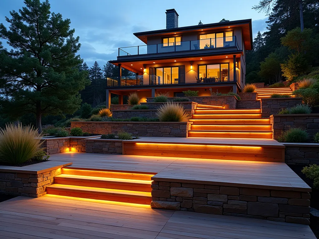 Cascading Illuminated Deck Staircase - A stunning twilight scene of a modern multi-level deck built into a sloped backyard, featuring wide wooden stairs that gracefully cascade down the hillside. The warm-toned cedar decking creates a seamless flow between each level, with integrated LED strip lighting along each step and platform edge casting a soft, golden glow. Natural stone retaining walls flank the sides, adorned with ornamental grasses and Japanese maples. The deck platforms are strategically positioned to create intimate seating areas, with built-in benches and planters. Low-voltage landscape lighting illuminates the surrounding garden, creating a magical evening atmosphere. Shot from a lower angle to emphasize the dramatic flowing lines and architectural elements, with the main house softly lit in the background.