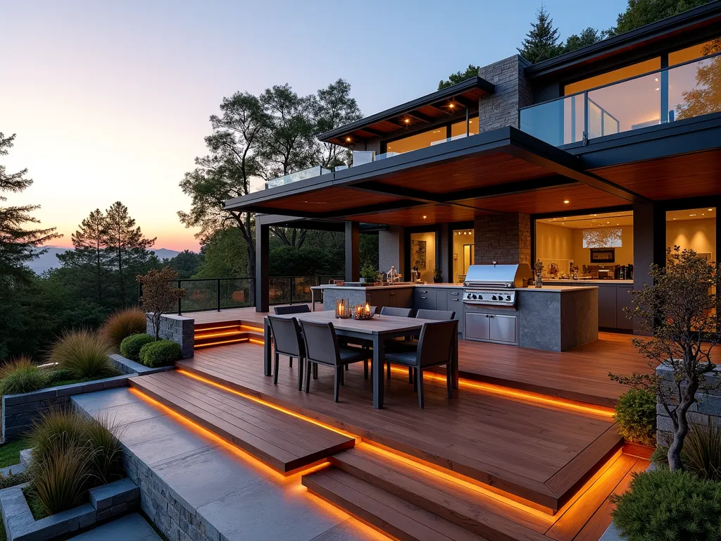 Luxurious Multi-Level Deck Kitchen - A stunning late afternoon shot of a modern multi-level deck built into a hillside, featuring a luxurious outdoor kitchen on the main level. The deck is constructed from rich ipe wood, with glass railings providing unobstructed views. The outdoor kitchen area includes a professional-grade stainless steel grill, stone countertops, and built-in storage cabinets. A contemporary gray pergola with retractable shade covers the cooking area, casting elegant shadows. The space features a large dining table set for 8 with modern outdoor furniture. Ambient lighting is integrated into the deck steps and pergola. Ornamental grasses and Japanese maples in built-in planters soften the edges. The perspective is a wide angle from the lower level, showcasing the kitchen area's integration into the overall sloped design, with warm sunset light creating a welcoming atmosphere.