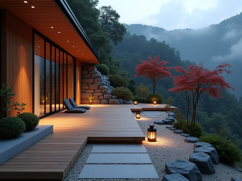 Minimalist Hillside Zen Deck Retreat - A serene multi-level wooden deck cascading down a gentle slope at dusk, captured in wide angle. Japanese-inspired design with clean lines and minimal ornamentation. Natural cedar deck boards arranged in a geometric pattern, complemented by black metal slim railings. Contemporary bamboo privacy screens create elegant shadows. A thoughtfully arranged rock garden with smooth river stones and raked gravel patterns flows alongside the deck. Featuring potted Japanese maple trees and architectural bamboo plants. Soft landscape lighting illuminates the path and highlights key design elements. Traditional stone lanterns provide ambient lighting. The peaceful scene is completed with a small meditation area featuring tatami-style outdoor mats and zen cushions. Mist gently rises from the valley below, creating an ethereal atmosphere. Photorealistic, architectural photography style, warm evening lighting.