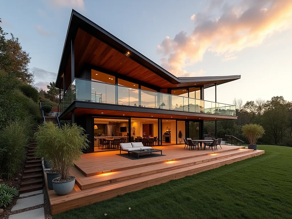 Modern Butterfly Roof Deck on Hillside - A stunning modern deck on a sloped backyard featuring a dramatic butterfly roof with angular lines and upward-sweeping edges, photographed during golden hour. The deck is multi-tiered with rich ipe wood planking, sleek glass railings, and minimalist steel supports. The butterfly roof has a contemporary charcoal metal finish that contrasts beautifully with the natural wood. Built-in LED lighting illuminates the roof's dramatic angles. Native ornamental grasses and Japanese maples provide soft landscaping around the deck's edges. The perspective is a wide-angle shot capturing both the architectural drama of the roof and the deck's integration into the hillside landscape, with warm sunset light casting dynamic shadows across the space. Comfortable modern outdoor furniture and potted bamboo complete the sophisticated outdoor living space.