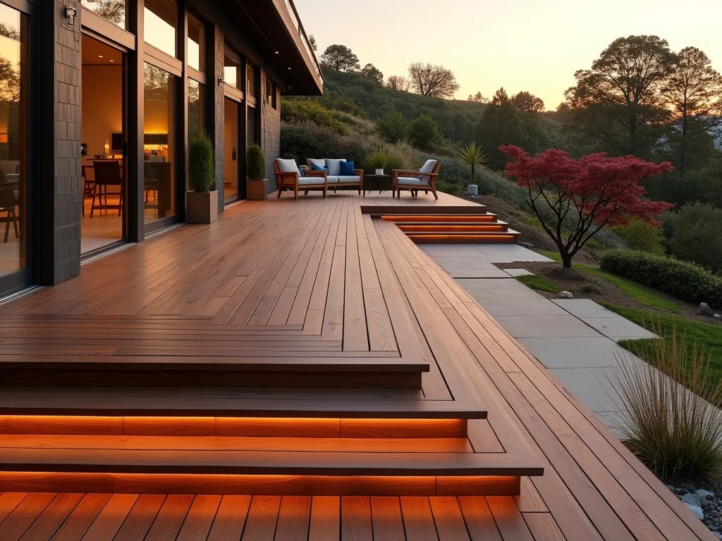 Modern Diagonal Deck on Hillside - A stunning wide-angle view of a modern multi-level deck with diagonal wood planking patterns, set against a sloping backyard at golden hour. The deck features rich cedar boards installed at a 45-degree angle, creating an elegant geometric pattern that draws the eye horizontally across the space. Sleek glass railings maintain an unobstructed view of the landscaped hillside garden below. Modern outdoor furniture and integrated LED strip lighting along the steps enhance the contemporary aesthetic. Japanese maples and ornamental grasses soften the edges of the deck, while the warm sunset lighting casts long shadows across the diagonal patterns, emphasizing the sophisticated design.