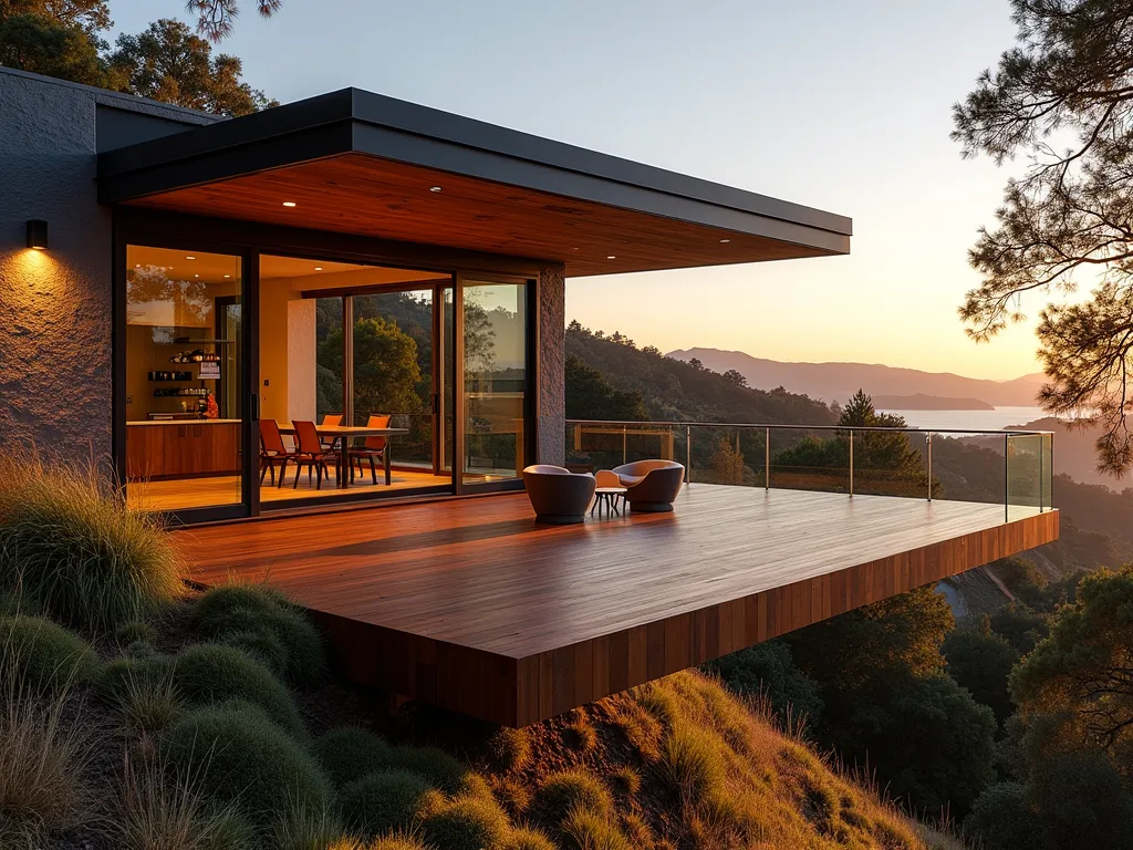 Modern Floating Deck Over Hillside - A stunning modern floating deck photographed during golden hour, appearing to levitate above a steep hillside garden. The expansive wooden platform, crafted from rich ipe wood, extends dramatically from the house, creating a bold geometric statement. Minimalist glass railings preserve unobstructed views of the surrounding landscape. Hidden structural posts maintain the illusion of suspension. Integrated LED lighting beneath the deck's perimeter creates a magical floating effect. Native ornamental grasses and cascading Japanese Forest Grass soften the edges, while strategic spotlighting highlights architectural elements. Captured with a wide-angle lens to emphasize the deck's dramatic relationship with the sloping terrain, f/2.8 for depth, warm sunset lighting casting long shadows across the textured decking.