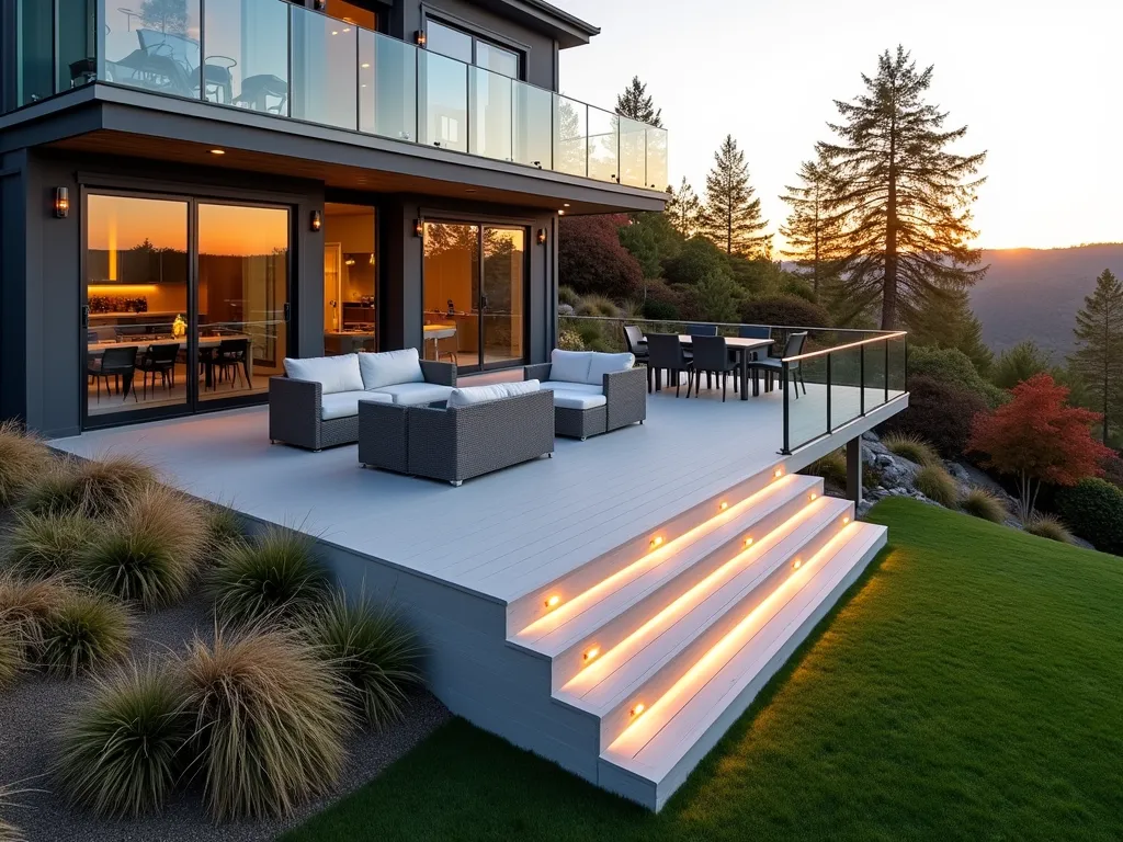 Modern Hillside Deck with Glass Railings - A stunning elevated deck on a sloped backyard, photographed during golden hour. The contemporary multi-level deck features sleek glass railings that provide unobstructed views of the surrounding landscape. The minimalist design showcases clean lines with light-colored composite decking material. Strategic LED lighting is integrated into the deck steps. Modern outdoor furniture in grey and white tones complements the space. The background reveals a carefully landscaped hillside with ornamental grasses and Japanese maples creating a natural backdrop. Shot with a wide-angle lens capturing the deck's relationship with the sloping terrain, with soft sunset light filtering through the glass railings creating subtle reflections. Professional architectural photography, 8K resolution, hyper-realistic detail.