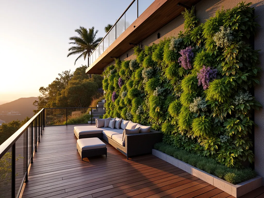 Modern Living Wall Deck at Sunset - A stunning tiered wooden deck on a hillside at golden hour, featuring a dramatic floor-to-ceiling living wall with lush, cascading plants. The vertical garden includes various textures of ferns, succulents, and flowering perennials in multiple shades of green, purple, and white. Modern glass railings border the deck, while built-in LED lighting illuminates the living wall. Comfortable modern outdoor furniture in neutral tones creates an intimate seating area. Shot with a wide-angle lens to capture the full scope of the vertical garden integration with the deck design, with warm sunset light casting gentle shadows across the space. The perspective emphasizes how the living wall seamlessly blends the architectural elements with the natural hillside landscape.