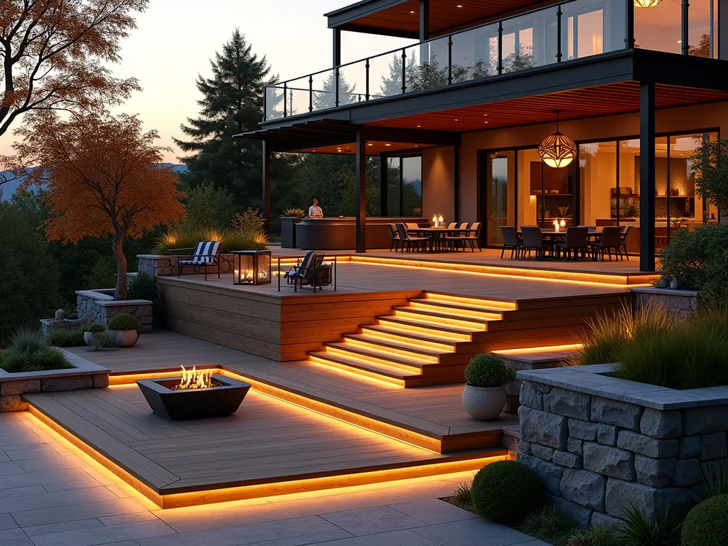 Sunset Multi-Level Deck Cascade - A stunning wide-angle photograph of a luxurious multi-level cascading deck at golden hour, captured with a 16-35mm lens at f/2.8. The modern wooden deck features three distinct tiers following a natural hillside gradient, with glass railings offering unobstructed views. The top level showcases an elegant outdoor dining setup with a pergola, the middle tier features a cozy lounge area with modern outdoor furniture and a fire pit, while the bottom level serves as an observation deck with Adirondack chairs. Warm LED strip lighting illuminates the stairs connecting each level, creating a gentle glow. Japanese maple trees and ornamental grasses soften the edges, while climbing jasmine adorns the pergola. Natural stone retaining walls integrate seamlessly with the wooden structure, and contemporary landscape lighting casts dramatic shadows across the deck surfaces.