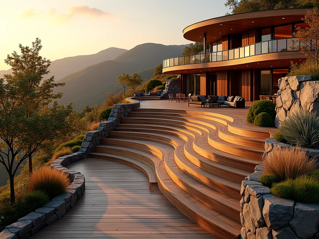 Multi-Level Wraparound Deck at Sunset - A stunning wide-angle photograph of a modern multi-level wooden deck wrapping elegantly around a hillside, captured during golden hour. The deck features natural cedar planking with glass railings, creating seamless transitions between levels. Multiple seating areas include contemporary outdoor furniture and built-in benches. Japanese maple trees and ornamental grasses soften the edges, while integrated LED lighting illuminates the steps. The deck follows the natural slope, creating a harmonious flow with the landscape. Stone retaining walls with cascading plants provide structural support. Shot at f/2.8 with warm sunset lighting casting long shadows across the wooden surfaces, emphasizing the deck's curved design and multiple viewing platforms. Professional architectural photography style with dramatic perspective.