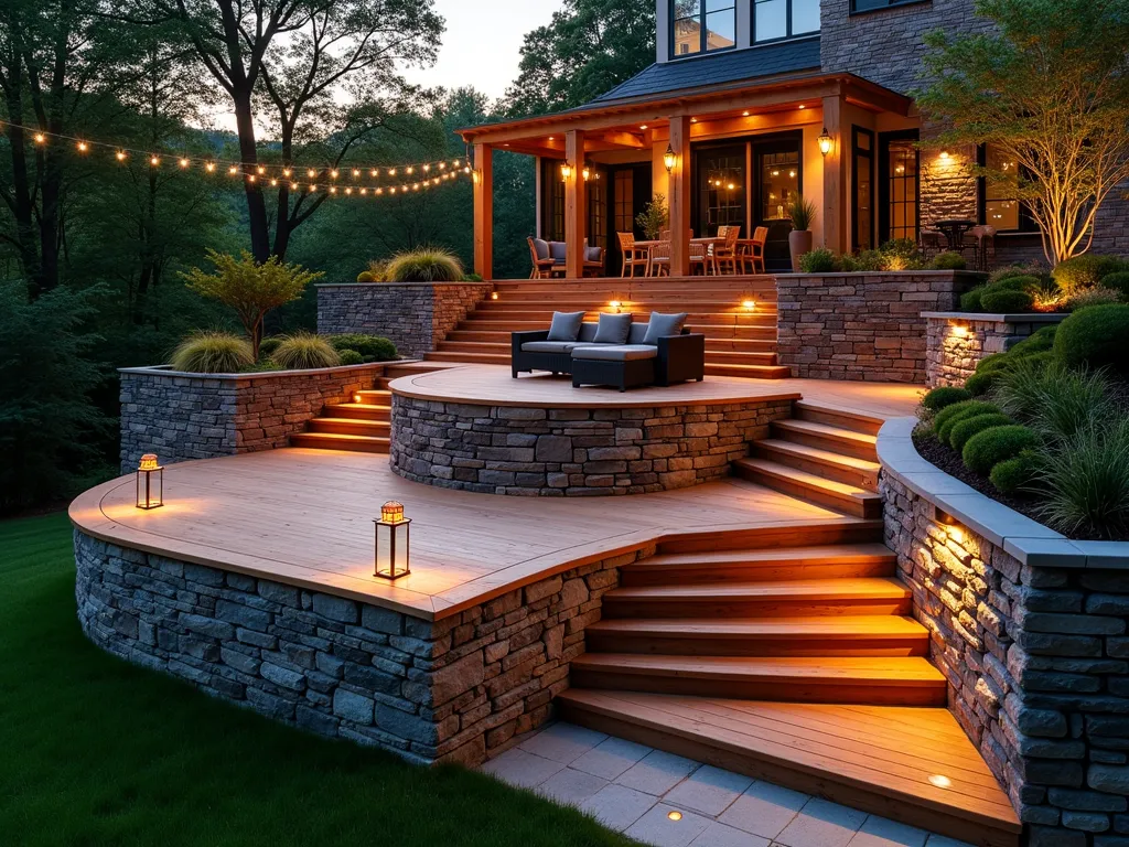 Multi-Level Stone and Wood Deck Harmony - A stunning twilight photograph of a multi-level hillside deck, showcasing a seamless fusion of natural materials. A warm-toned cedar deck cascades down the slope in three elegant tiers, connected by wide wooden stairs. Rugged stacked stone retaining walls in grey and earth tones provide structural support and visual contrast, extending 4 feet high with built-in LED lighting. Native ornamental grasses and Japanese maples soften the transitions between levels. Contemporary outdoor furniture in teak adorns the main deck level, while copper lanterns cast a warm glow across the natural stone. Shot from a slightly elevated angle to capture the flowing design, with the golden light of sunset highlighting the wood grain and stone textures. Professional landscape lighting illuminates the space, creating dramatic shadows and depth. In the background, lush greenery and mature trees frame the scene, while string lights draped overhead add a magical ambiance.