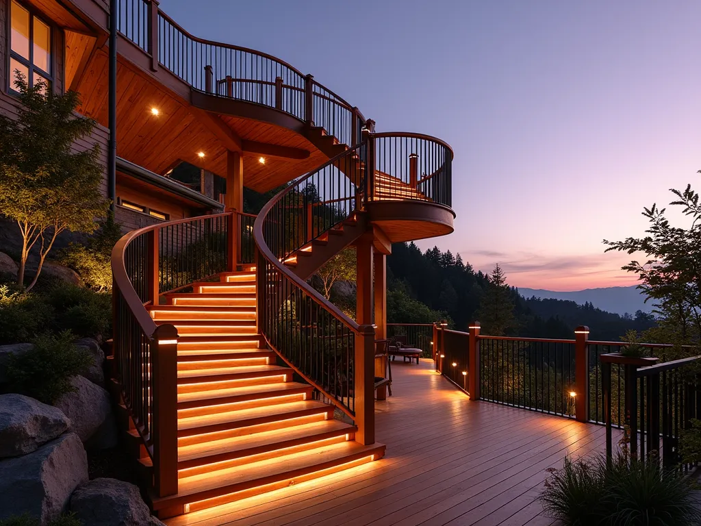 Elegant Multi-Level Deck with Spiral Staircase - A stunning dusk photograph of a modern multi-level wooden deck built into a hillside, featuring a dramatic copper and wood spiral staircase as its centerpiece. The staircase gracefully connects three deck levels, with warm LED strip lighting illuminating each step. The deck is constructed from rich IPE hardwood, creating a warm contrast against the brushed metal railings. Japanese maples and ornamental grasses soften the edges of each level, while strategically placed copper landscape lights cast a warm glow across the space. Captured with a wide-angle lens at golden hour, showing the full scope of the architectural design against a purple-orange sky, with subtle landscape lighting beginning to twinkle.