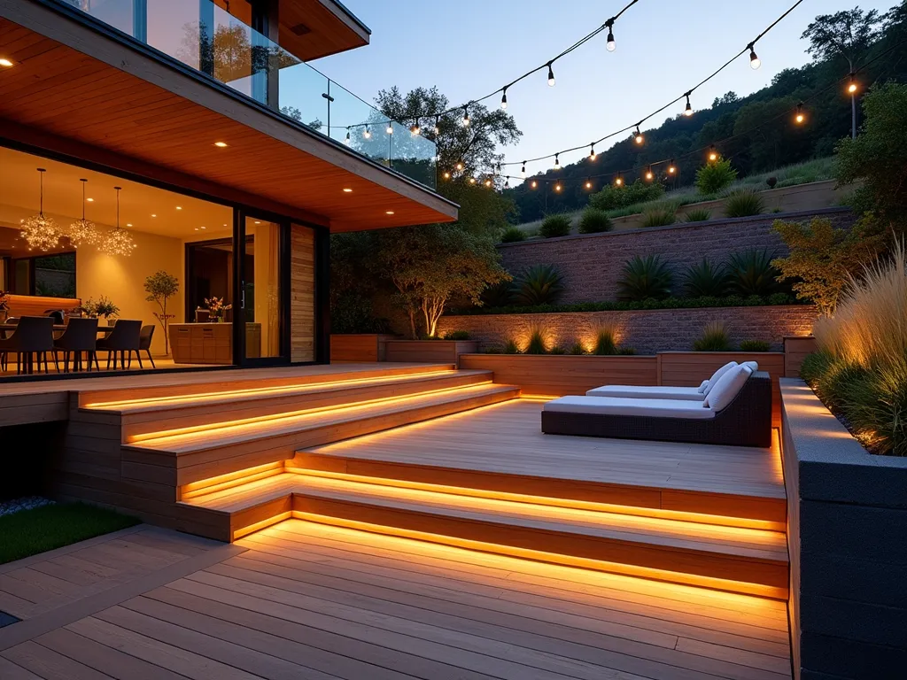 Modern Split-Level Entertainment Deck at Sunset - A stunning wide-angle photograph of a contemporary split-level wooden deck at sunset, captured with a 16-35mm lens at f/2.8, ISO 400. The upper deck seamlessly extends from a modern glass-door entrance, featuring sleek outdoor furniture and built-in LED lighting. Wide wooden stairs with integrated lighting cascade down to a lower deck level, where comfortable lounge seating creates an intimate conversation area. Both levels are adorned with modern planters containing ornamental grasses and Japanese maples. Warm evening light casts long shadows across the natural wood decking, while string lights criss-cross overhead creating an enchanting ambiance. The hillside backdrop showcases strategic landscaping with natural stone retaining walls and cascading plants.