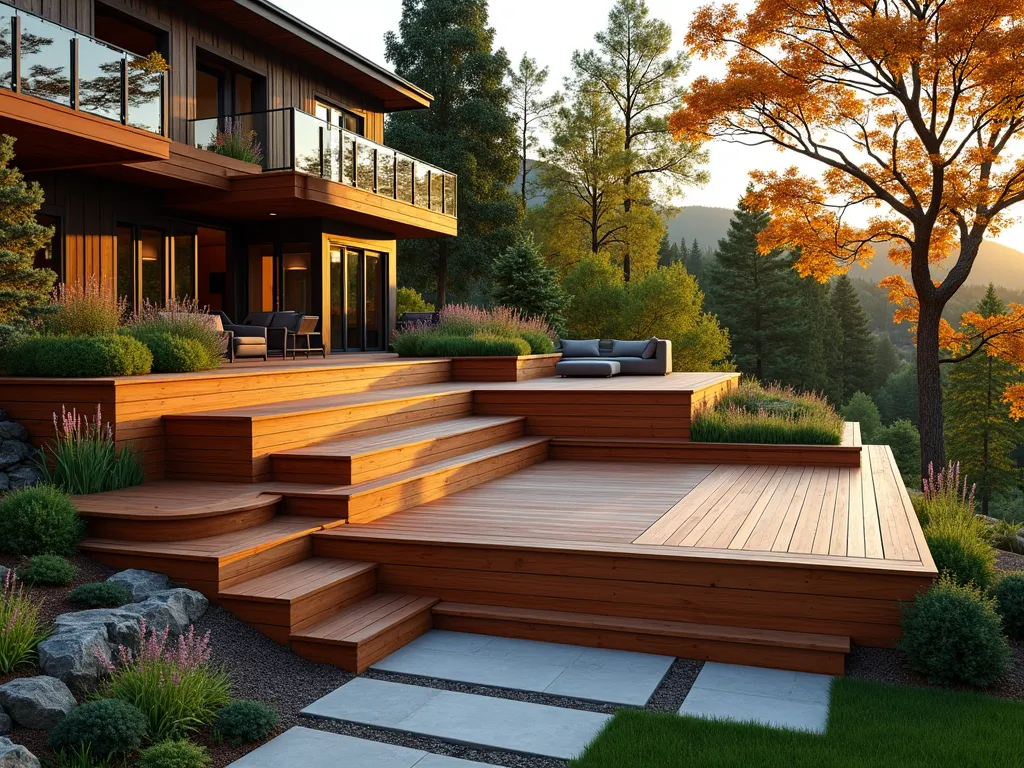 Multi-Level Terraced Garden Deck at Sunset - A stunning multi-level terraced deck photographed during golden hour, showcasing three elegant wooden deck platforms connected by wide stairs, integrated seamlessly into a sloping hillside. Modern cedar retaining walls separate lush planted areas featuring cascading ornamental grasses and flowering perennials. The lowest deck features contemporary outdoor furniture, while Japanese maple trees provide architectural interest at different levels. Natural stone elements accent the transitions between deck sections, with strategic landscape lighting beginning to illuminate the space. Captured with dramatic side lighting highlighting the texture of the wood and dimensional aspects of the terracing, shot from a lower angle to emphasize the grandeur of the design. 8K, photorealistic, architectural photography