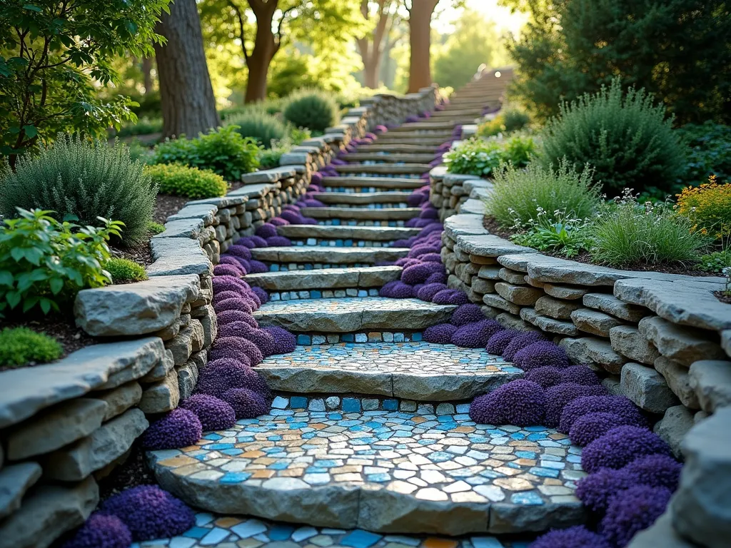 Artistic Mosaic Garden Steps - A beautifully crafted stone mosaic garden stairway winding up a gentle slope, photographed in soft morning light. Each step features intricate mosaic patterns in blues, greens, and earth tones, creating a flowing river-like design. The steps are bordered by vibrant purple creeping thyme and blue star creeper ground cover. Natural stone walls frame the sides, with cascading sedums and small flowering plants emerging from between the rocks. The steps are surrounded by lush greenery and dappled sunlight filtering through overhead trees, creating a magical, artistic pathway through the garden. Photorealistic, high detail, landscaping photography style.