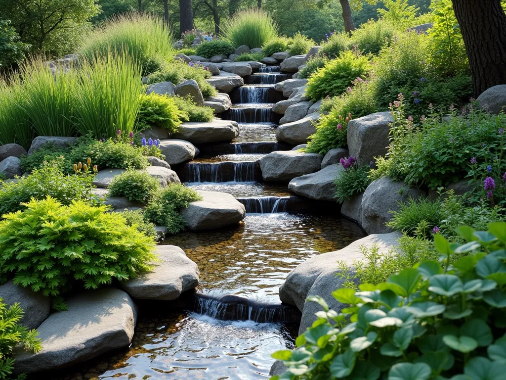 Cascading Hillside Rain Garden - A serene terraced hillside garden featuring a naturally flowing rain garden system, with smooth river rocks and boulders creating gentle waterfalls. Multiple tiers of moisture-loving plants including Japanese iris, sedges, and ferns in various shades of green cascade down the slope. The garden includes deep-pooling areas lined with decorative stones where water collects, surrounded by lush vegetation and ornamental grasses. Soft morning light illuminates the peaceful scene, with small streams of water trickling between the plants and stones, creating a harmonious blend of function and natural beauty.