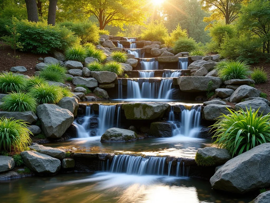 Tranquil Hillside Waterfall Garden - A stunning landscaped hillside garden featuring a natural-looking multi-tiered waterfall cascading down multiple stone levels, photographed during golden hour. Crystal-clear water flows over weathered granite boulders, creating peaceful white water effects. Japanese forest grass and ornamental ferns line the edges of the water feature, while moss-covered stones create a naturalistic appearance. Small pools collect water at each level, surrounded by river rocks and native plants. The scene is beautifully composed with dappled sunlight filtering through overhead trees, creating a serene and peaceful atmosphere. Photorealistic, high-detail professional landscape photography style.