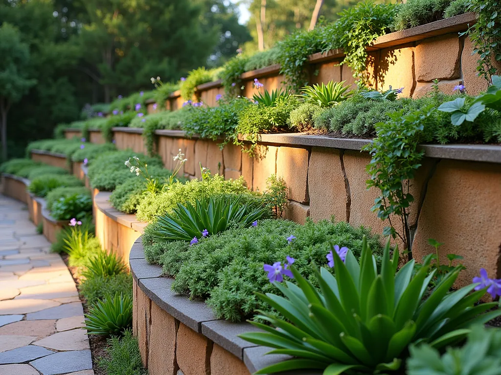 Cascading Living Retaining Wall - A stunning terraced retaining wall system with lush greenery cascading down multiple levels. The wall features specialized planting blocks in warm natural stone colors, overflowing with vibrant succulents, trailing sedum, and creeping thyme. Soft afternoon sunlight casts gentle shadows across the textured wall face, highlighting the dimensional layers of plants. Various shades of green plantings create a natural vertical garden effect, with small purple and white flowers dotting the landscape. The wall appears both architectural and organic, demonstrating both stability and natural beauty.