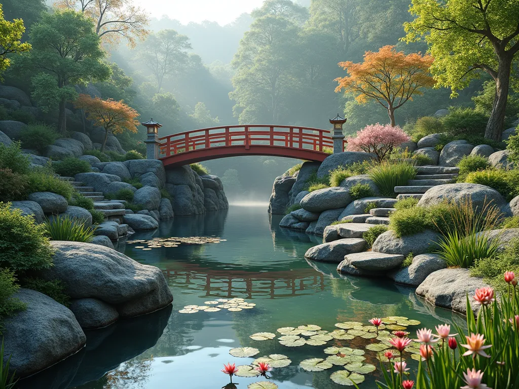 Cascading Multi-Level Water Garden - A serene Japanese-inspired hillside garden featuring three interconnected koi ponds at different elevations, linked by gentle waterfalls. Natural stone steps weave between the levels, while a red wooden arched bridge crosses the uppermost pond. The scene is adorned with blooming water lilies, Japanese iris, and marginal aquatic plants. Stone lanterns dot the landscape, while ornamental grasses and Japanese maples provide texture and color along the terraced edges. Early morning mist hovers over the water, creating a dreamy, peaceful atmosphere. Photorealistic, high detail, soft natural lighting.