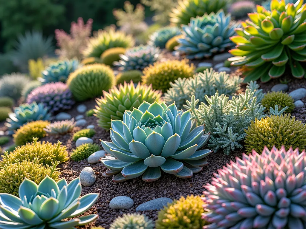 Cascading Succulent Hillside Garden - A gently sloping hillside garden covered in a stunning tapestry of colorful succulents, featuring a harmonious blend of blue-green Echeveria, purple Sempervivum rosettes, golden Sedum, and silvery-gray Senecio mandraliscae. The succulents are arranged in flowing, organic patterns that follow the natural contours of the slope, creating a living mosaic under warm, natural sunlight. Various textures and heights create depth and visual interest, while small decorative rocks peek through the dense planting, photographed in a high-end landscaping style with soft depth of field.