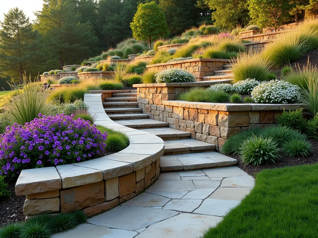 Flowing Curved Retaining Walls with Cascading Flowers - A beautifully landscaped hillside garden featuring elegant curved stone retaining walls that gracefully follow the natural slope of the land, photographed during golden hour. Multiple tiers of sweeping walls create organic, wave-like patterns across the landscape. Purple trailing verbena, pink wave petunias, and white candytuft cascade over the edges of the weathered natural stone walls. The walls are expertly constructed with warm-toned natural stone, creating a harmonious blend with the landscape. Lush green groundcover fills the spaces between the walls, while mature ornamental grasses add movement and texture. Soft, natural lighting highlights the dimensional quality of the curved walls, casting gentle shadows that emphasize their flowing design. Photorealistic, architectural photography style.