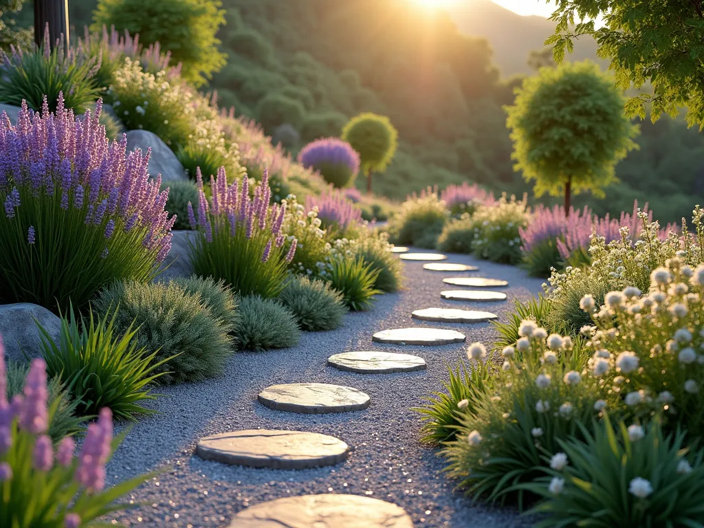 Winding Hillside Garden Path - A serene photorealistic landscape featuring a gently zigzagging gravel pathway cutting diagonally across a lush hillside garden. The path is lined with purple lavender, ornamental grasses, and flowering perennials in soft pink and white hues. Natural stepping stones are embedded within the gravel path, creating a harmonious blend with the surrounding vegetation. Golden evening sunlight casts long shadows across the slope, highlighting the texture of the materials and plants. The pathway appears to meander naturally through different garden levels, with small retaining walls visible in places.