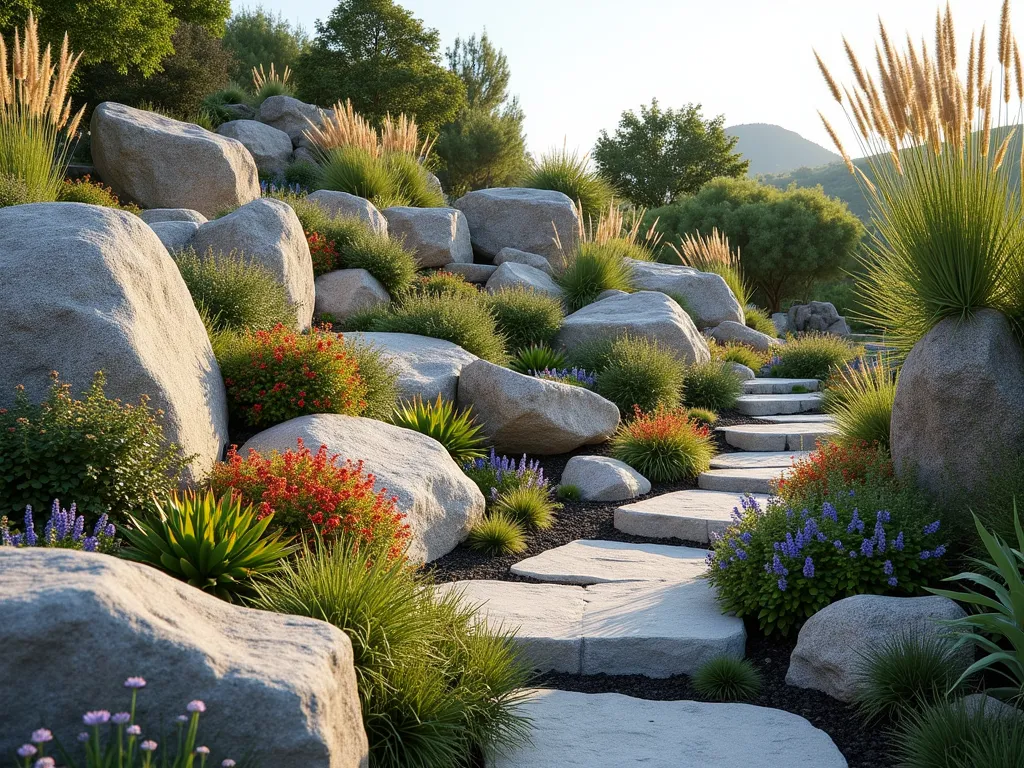 Natural Hillside Rockery Garden with Alpine Plants - A serene sloped garden featuring naturally arranged large granite boulders cascading down a hillside, with clusters of colorful alpine plants nestled between rocks. Drought-resistant succulents and small flowering plants spill over rock edges. Tall ornamental grasses sway in the breeze, creating movement. Soft morning light casts gentle shadows across the rocks. Professional landscape photography style, high resolution, photorealistic.