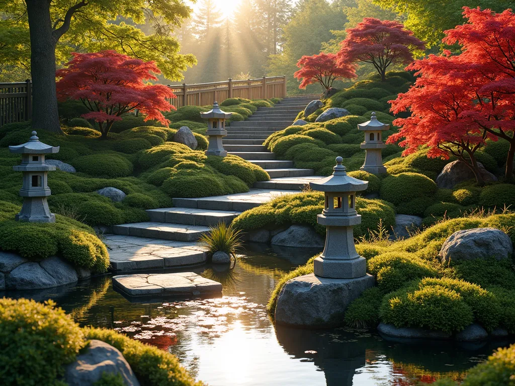 Serene Japanese Hillside Garden - A stunning terraced Japanese garden on a gentle slope, photographed during golden hour. Natural stone steps wind upward through carefully manicured levels, bordered by moss gardens and crimson Japanese maple trees. Traditional stone lanterns cast warm light along the path, while a bamboo fence creates an elegant backdrop. A peaceful water basin sits among strategically placed rocks and boulders, with delicate ferns and small clumps of ornamental grass adding texture. The scene captures the essence of zen gardening, with every element thoughtfully positioned for balance and harmony. Photorealistic, high detail, soft natural lighting.