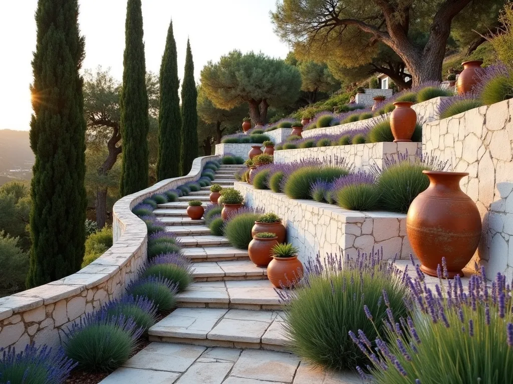 Mediterranean Hillside Garden Terraces - A stunning terraced garden on a hillside with white-washed stone walls, captured during golden hour. Multiple levels feature drought-resistant Mediterranean plants, with silvery lavender beds in full bloom and gnarled olive trees providing focal points. Terra cotta pots filled with fresh herbs line the stone steps connecting the terraces. Rustic amphora and weathered ceramic planters are artfully placed throughout. The composition shows depth with the terraces stepping down the slope, creating a warm, inviting Mediterranean atmosphere. Soft evening light casts long shadows across the textured walls, while cypress trees frame the scene in the background.