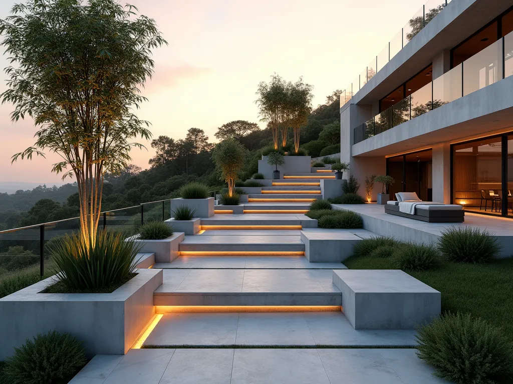 Modern Concrete Garden Terraces at Sunset - A stunning modern hillside garden with sleek concrete terraced walls creating multiple levels, photographed at golden hour. Minimalist built-in concrete benches with LED strip lighting underneath. Large geometric planters featuring tall bamboo and architectural succulents. Clean lines and angular designs throughout. Contemporary outdoor space with glass railings. Dramatic shadows cast by architectural plants. Photorealistic, high-end landscape architecture, 8k resolution.