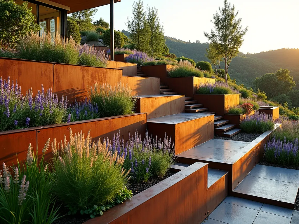 Modern Cor-ten Steel Garden Terraces - A stunning modern terraced garden with weathered Cor-ten steel retaining walls creating multiple levels on a hillside. The warm rust-colored metal contrasts beautifully with cascading ornamental grasses, purple salvias, and green architectural plants. Clean geometric lines of the metal terraces create a contemporary sculptural effect, while soft lighting highlights the textural contrast between the industrial materials and lush vegetation. Shot during golden hour with dramatic shadows casting across the terraced landscape. Photorealistic, architectural photography style.