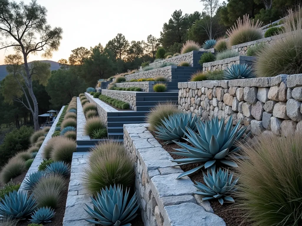 Modern Gabion Wall Garden Terrace - A stunning terraced hillside garden with modern gabion walls filled with natural stone, creating multiple levels ascending upward. The walls have a sleek industrial aesthetic with clean lines. Between the terraces, drought-resistant succulents in silver-blue tones and ornamental grasses sway in the breeze. Soft evening lighting highlights the textural contrast between the rigid gabion structures and the organic plant forms. The scene is photographed at a slight angle to show the depth and dimension of the terracing, with each level stepping back naturally into the hillside. Architectural agaves and echeverias spill over the edges of the walls, while feathery Mexican feather grass adds movement.